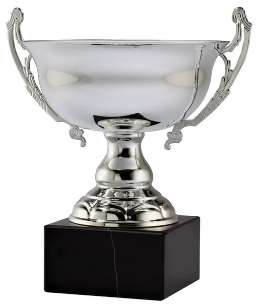 Silver All Metal Wide Trophy Cup on Genuine Black Marble Base 