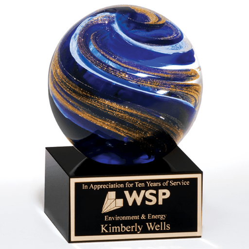 Globe Blue/ White and Gold Metallic on Black Glass Base