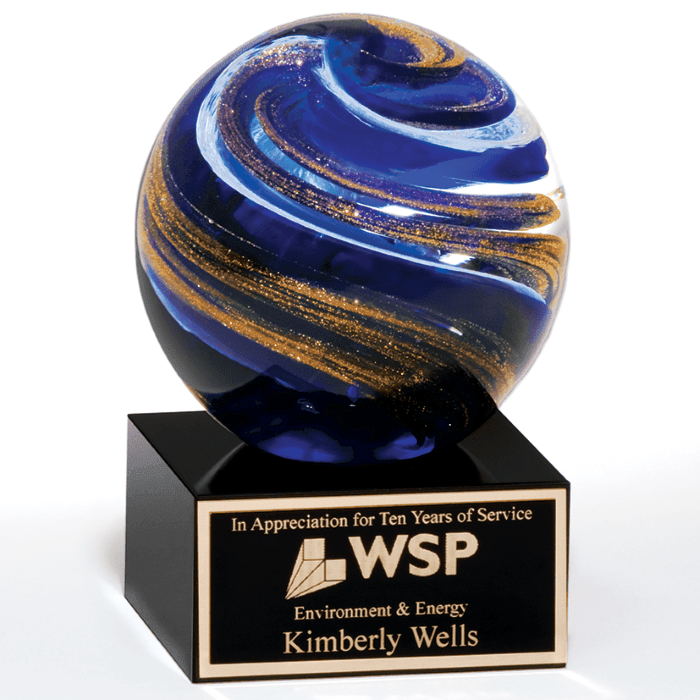 Globe Blue/ White and Gold Metallic on Black Glass Base