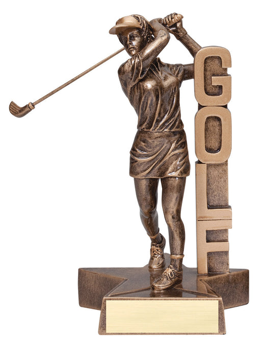 Golf Female Figure Trophy with Sport Name vertically