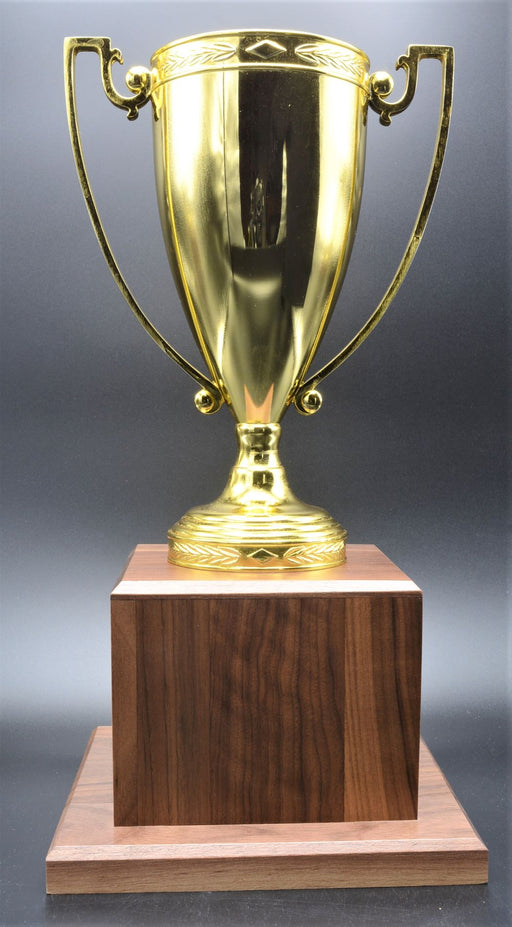 Metal Die Cast Cup Trophy, Gold Finish on Genuine Walnut Base