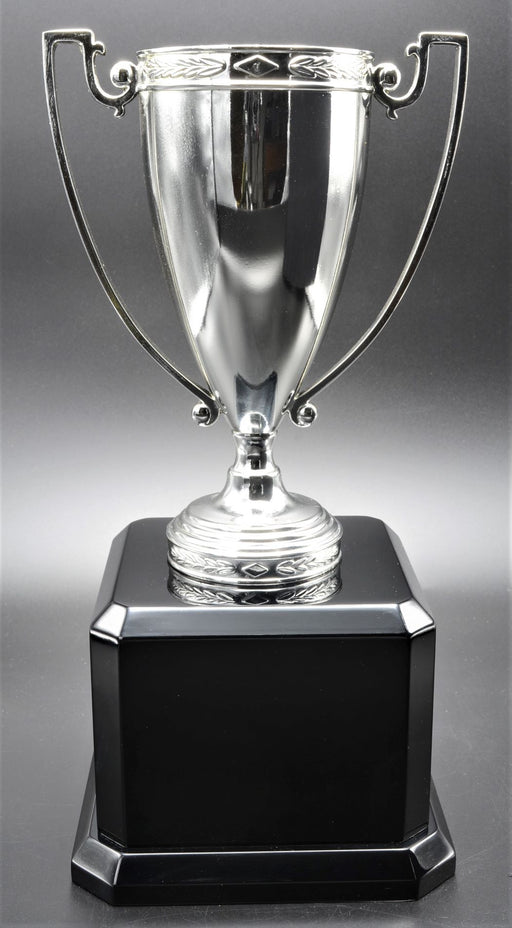 Metal Cup Trophy, Silver Finish on Black Piano Finish Base