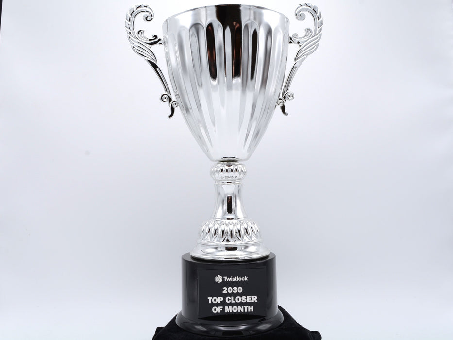 Silver Metal Cup Trophy with Handles on Weighted Plastic Base
