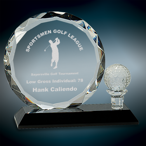 Round Facet Crystal Award with Golf Ball on Black Pedestal Base