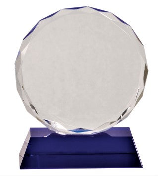 Round Faceted Crystal Award on Blue Pedestal Base
