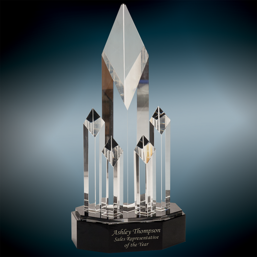 Crystal award with 5 rising diamonds on black crystal base